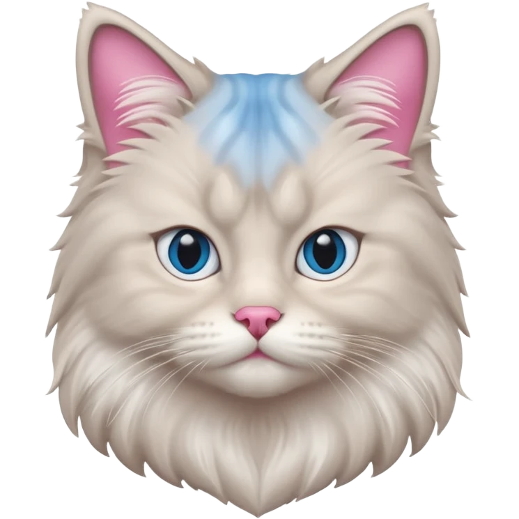Fluffy Siberian cat face emoji, white and grey long hair, bright blue eyes, pink nose, friendly expression, 3D vector style, isolated on white background. emoji