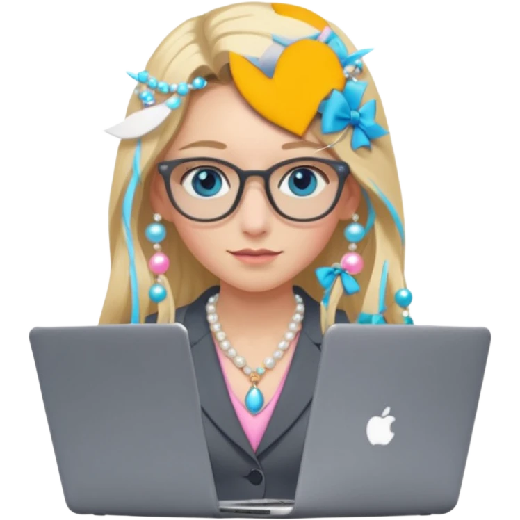 Please take the girl with laptop emoji and make her glassess light brown, her eyes ocean blue and her nose a bit smaller and pointier and she has blonde very long hair and a dark grey suit and pearls necklace, and has a laptop in fron of her and a tiny pink bow on the left side of her head emoji