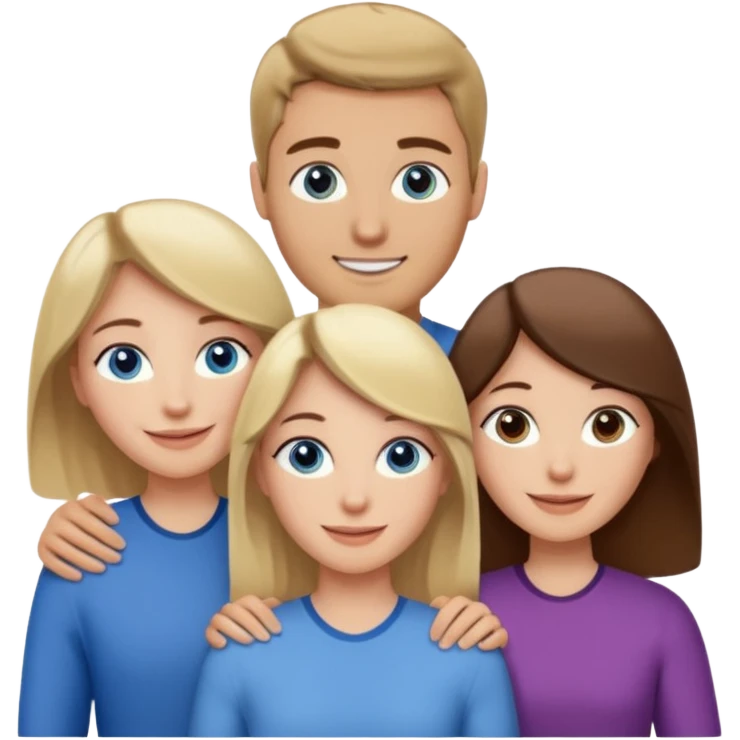 3 people. Throuple. Blank woman with blond hair and blue eye color on left. And also a blank man with brown hair and grey eye color in the middle. And a blank woman with brown hair and grey eye color on the right. Holding each other emoji
