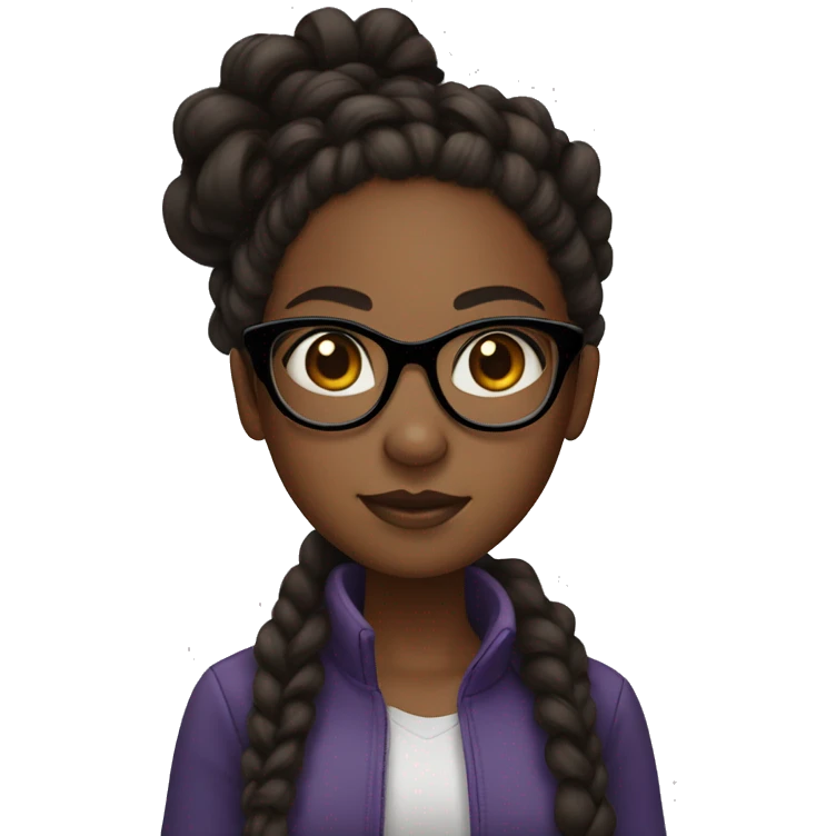 Black girl with dark brown eyes and braids with curls on the end of them and black glasses emoji