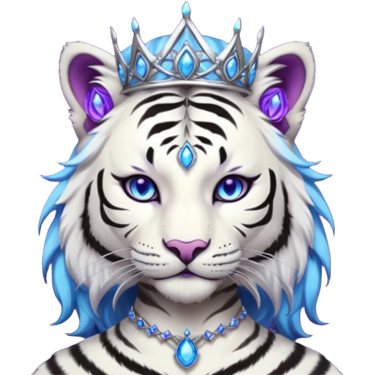 ESO Female white/black tiger khajiit leader of the umbral rose, glowing blue eyes, glowing blue 'third eye' gem; purple gemmed silver tiara emoji