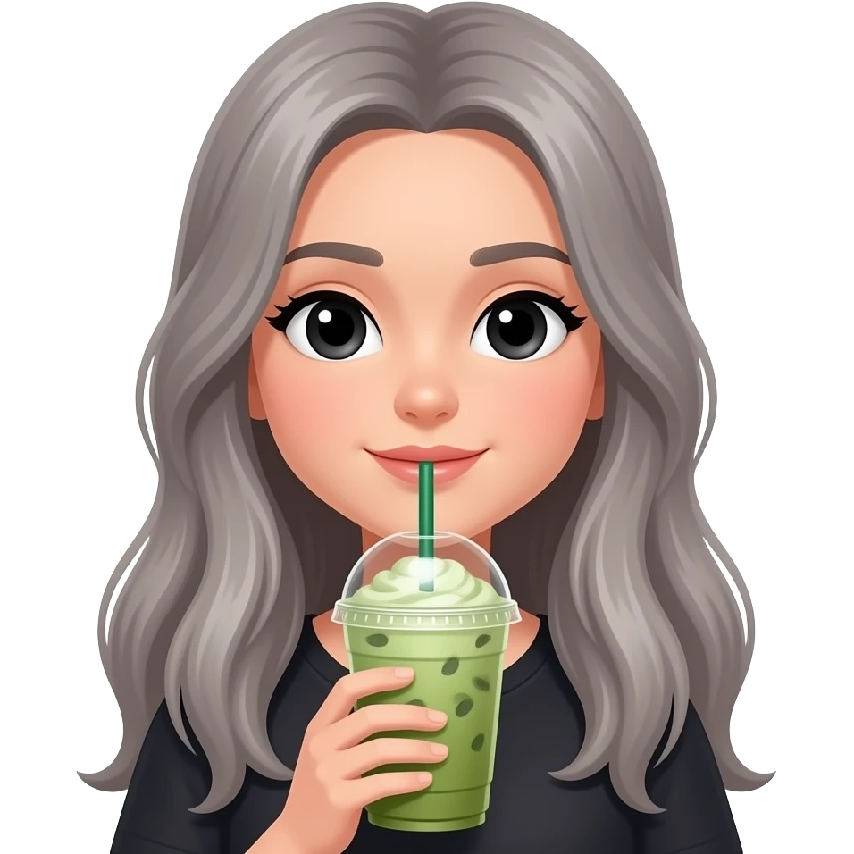 Iced matcha latte with a rich black eyes, long grey haired girl holding it emoji