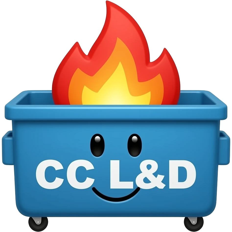 a blue dumpster with rainbow fire and a cute face and on the front and the words CC L&D emoji