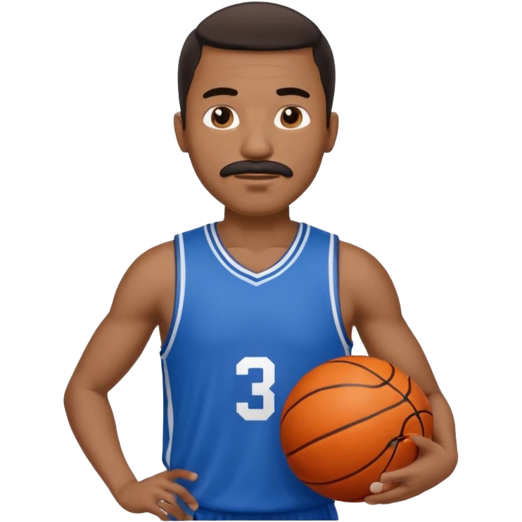 black man basketball player blue jersey with mustache holding basket ball emoji