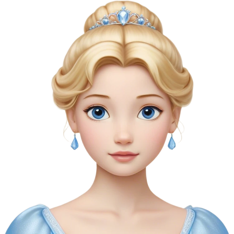 Cinematic Realistic Cinderella Portrait, depicted with lifelike skin texture, subtle rosy undertones, and soft natural lighting that enhances the gentle contours of her face. Her intricately detailed golden blonde hair is elegantly styled in an updo, with delicate wisps framing her face for added realism. Her deep, expressive blue eyes radiate warmth and sincerity, reflecting a quiet resilience and grace. She is dressed in her iconic ball gown, the fabric shimmering with intricate embroidery and fine translucent layers that catch the light beautifully. The soft sheen of satin gloves and the delicate sparkle of a glass-like slipper peeking from beneath her dress add a touch of magical realism. The portrait features an enchanting glow with a natural, luminous finish, seamlessly blending realism and fairytale charm to evoke a sense of depth, elegance, and timeless beauty. emoji