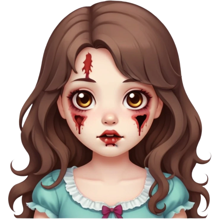 Zombie girl, long wavy brown hair, big doe brown eyes, cute chubby cheeks and lips, coquette / kawaii style emoji