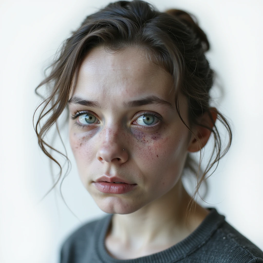 young woman with vitamin B12 deficiency, very pale skin, marked dark circles, slightly bluish lips, dull and fragile hair, expression of extreme fatigue, hyperrealistic 4K details, vertical 9:16, white background emoji