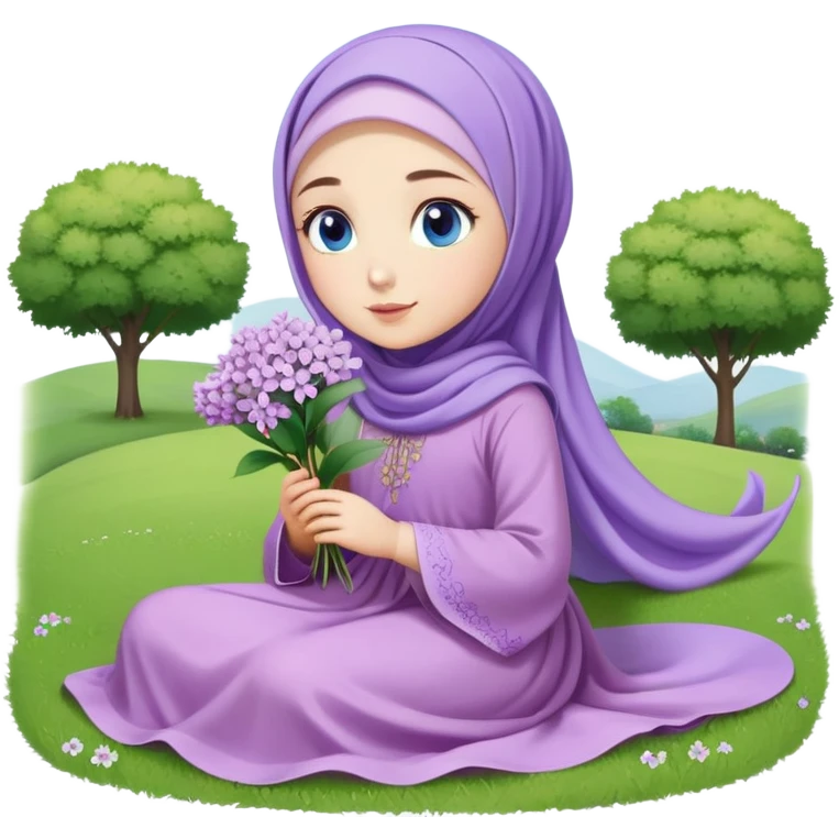 Turkish beautiful finish Konya girl blue eyes with lilac flower hijab long tail dress and sits on the grass on the ground and hold lilac flower on hand  emoji