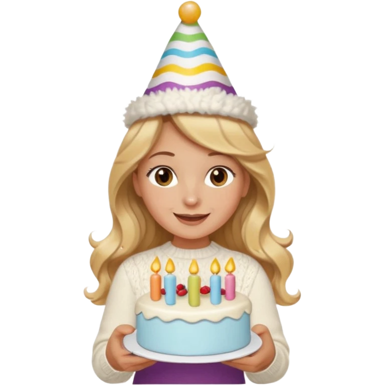 A pretty white girl with hazel brown eyes and long brown and blonde wavy hair in a cosy white knit sweater, she is celebrating her birthday and is happy emoji