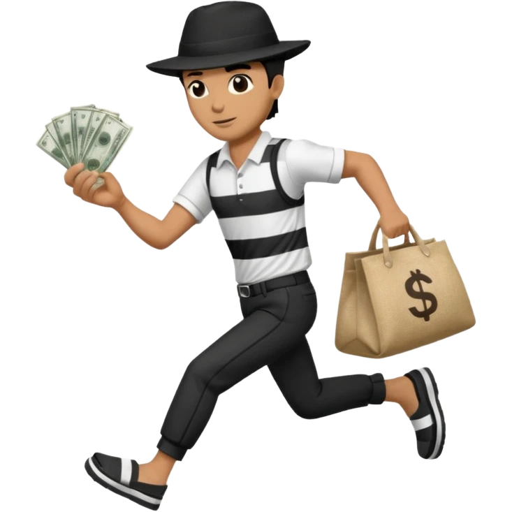 Make a man wear a black pant and he shirt is balck line and white line and wear a black hat and he holding a money bag and he running he wear a black eye thing no money in the Left hand and he yellow and the money bag in the right he wear a flip flop like this is Money bag 💰 NO MONEY emoji