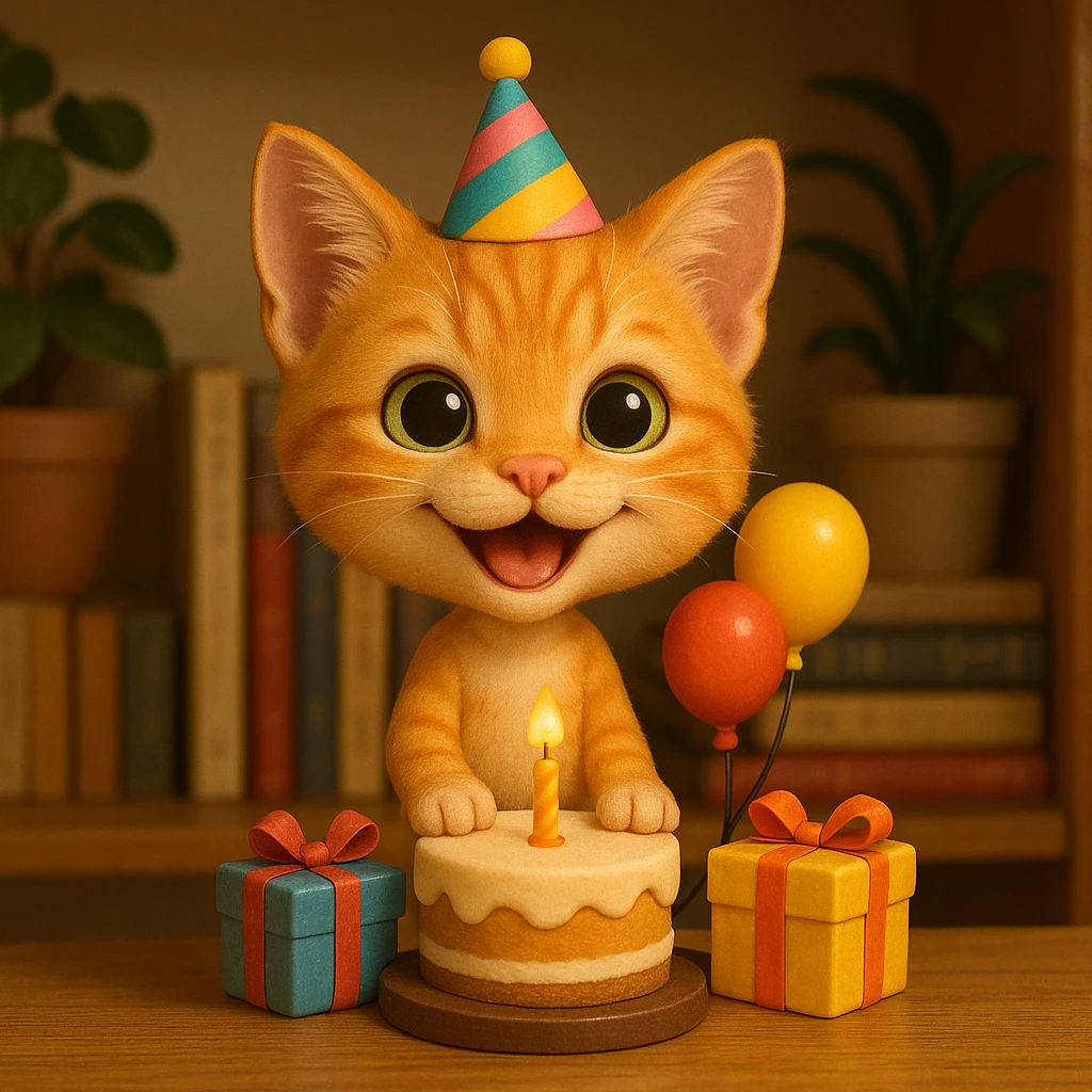 ginger tabby kitten celebrating a birthday, wearing a birthday hat, with birthday cake, balloons, happy expression, and gifts emoji