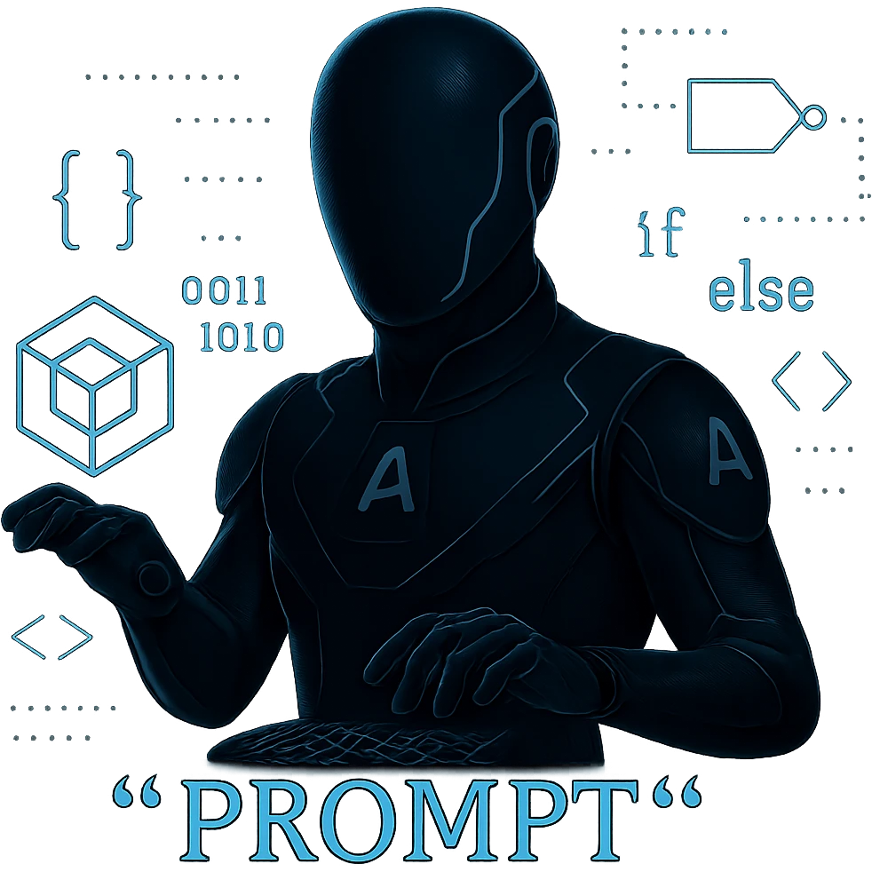 Change the AI suit to a much darker color, keeping the glowing circuits and floating cube logo, with one hand typing in mid-air, building prompts from code and logic. Keep the background transparent. The style should maintain the original look and feel of the image. emoji