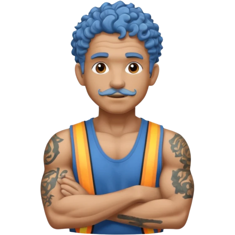 very curly blue haired, construction worker very old, tattoes emoji