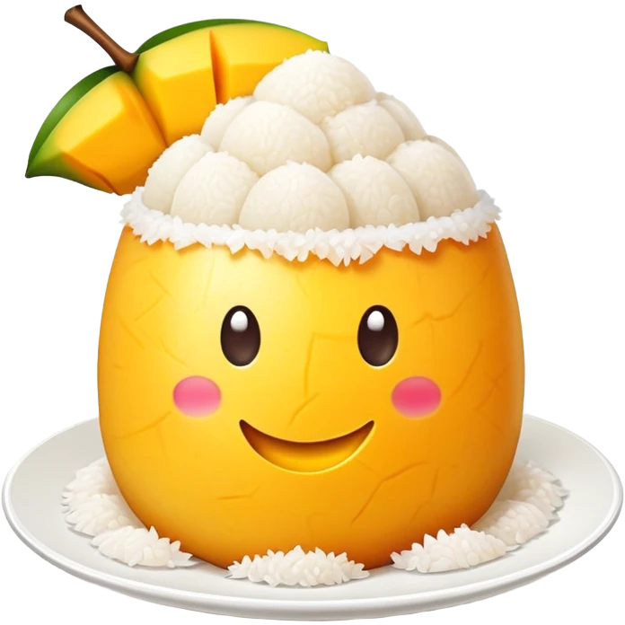 cinematic-realistic-mango-sticky-rice-dessert-emoji,-showcasing-sweet-sticky-rice out of a mould-paired-with-ripe-mango-slices-and-coconut-milk-rendered-with-lifelike-detail-and-warm,-inviting-lighting with the coconut  milk over the rice emoji