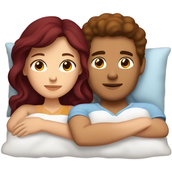 Burgundy haired girl and brunette boyfriend cuddling in bed emoji