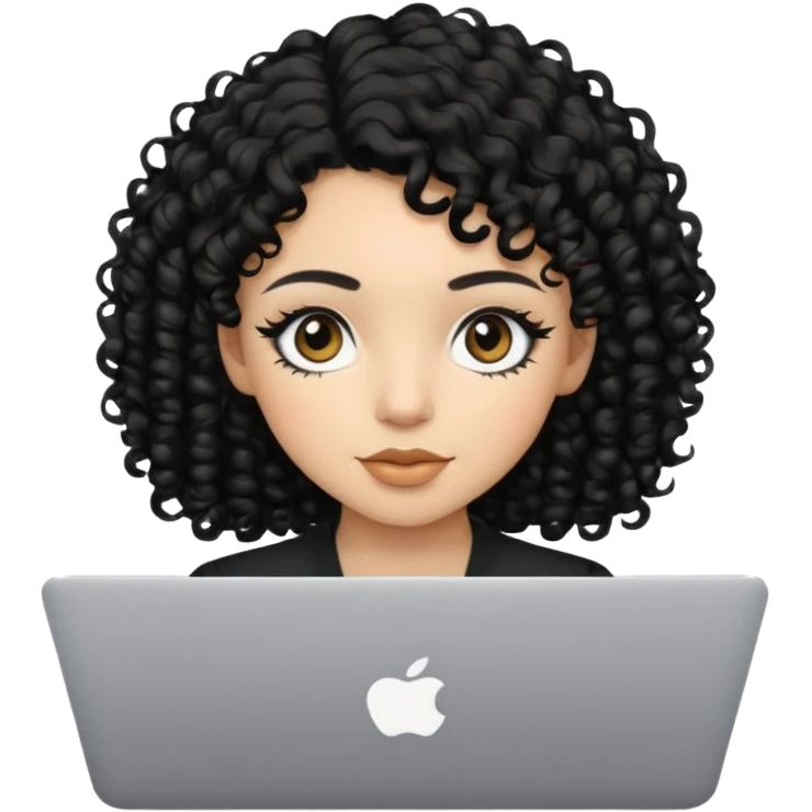 a girl using the mac book air with black curly hair and brown eyes with winged black eyeliner emoji