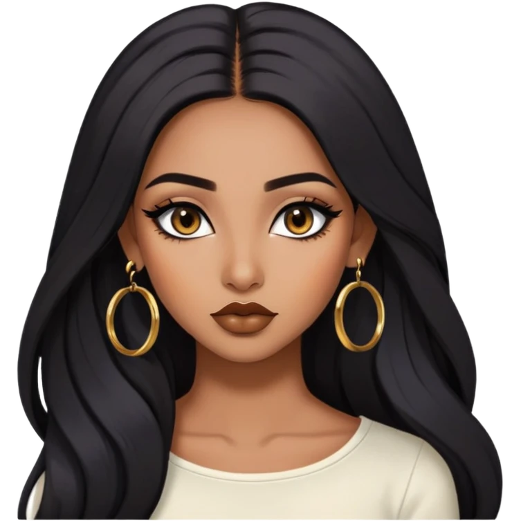 indian girl, brown skin, long black voluminous hair, brown underneath colored hair, baddie,pretty, makeup, lipliner, black eyeliner, gold hoop earrings, white top emoji