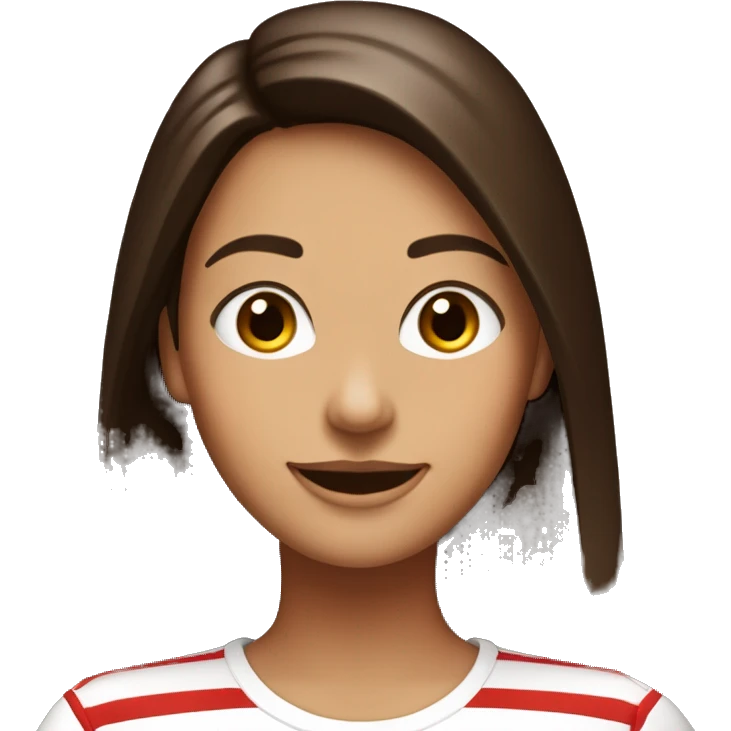 Portrait of an adult girl, tanned skin, dark chocolate long straight hair, dark eyes, smiling, wearing a white long sleeve with red horizontal narrow stripes. emoji