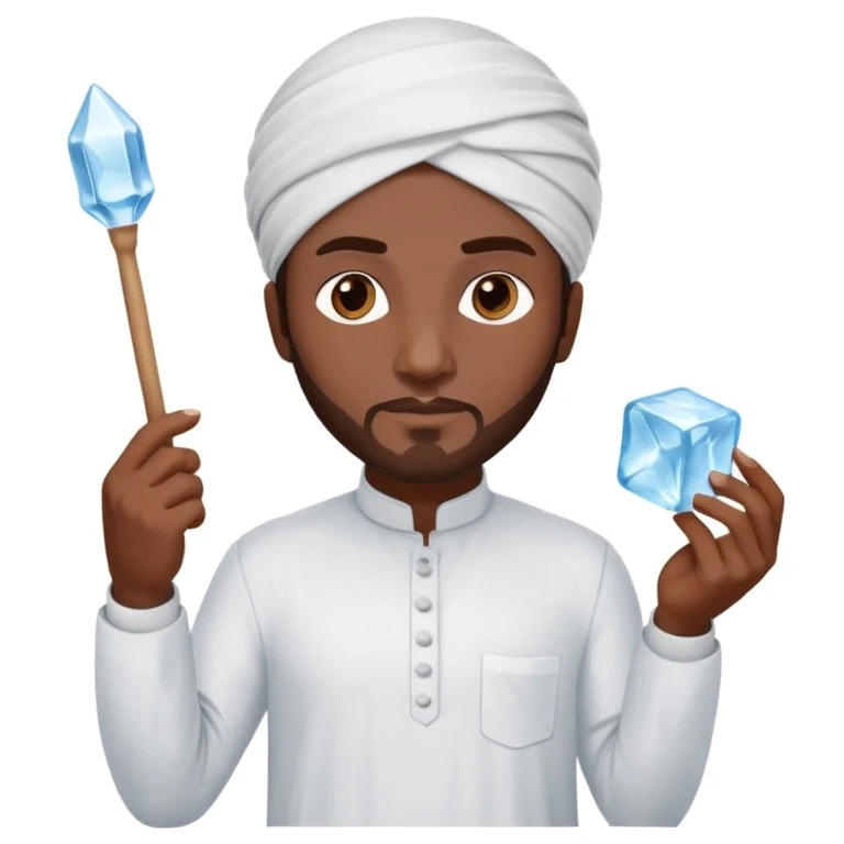 Pakistani street ice seller holding an ice pick in one hand and a large ice cube in the other, wearing shalwar kameez, confident stance, focused face, 3D, shiny, minimal, iPhone emoji look, plain white background emoji
