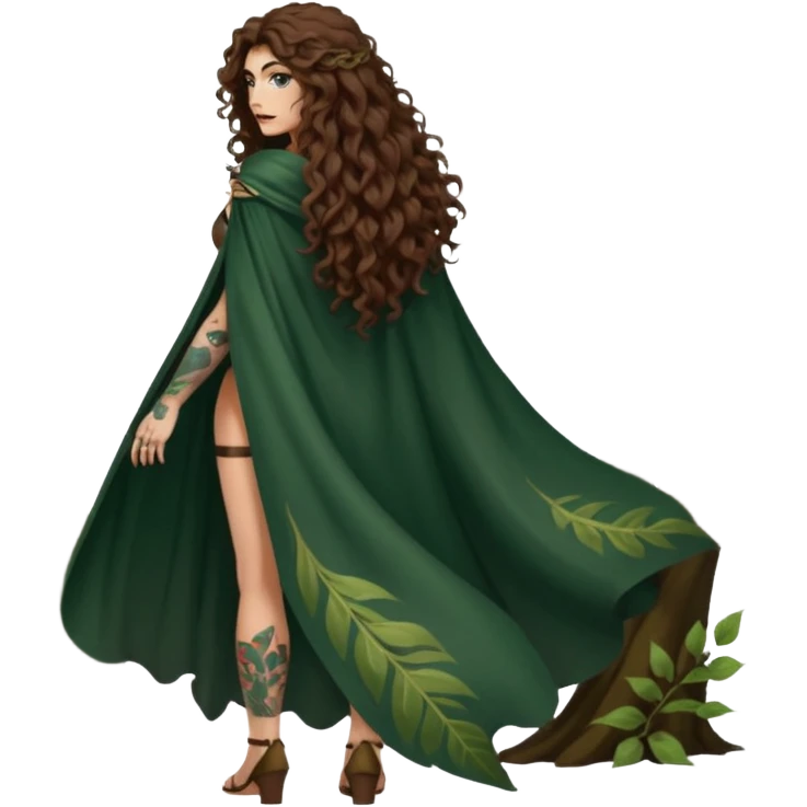 full body view of a woman with long curly brown hair, brown eyes, white skin, tattoos, back turned slightly, looking over shoulder, leaf cloak flowing, seductive forest rogue vibe emoji