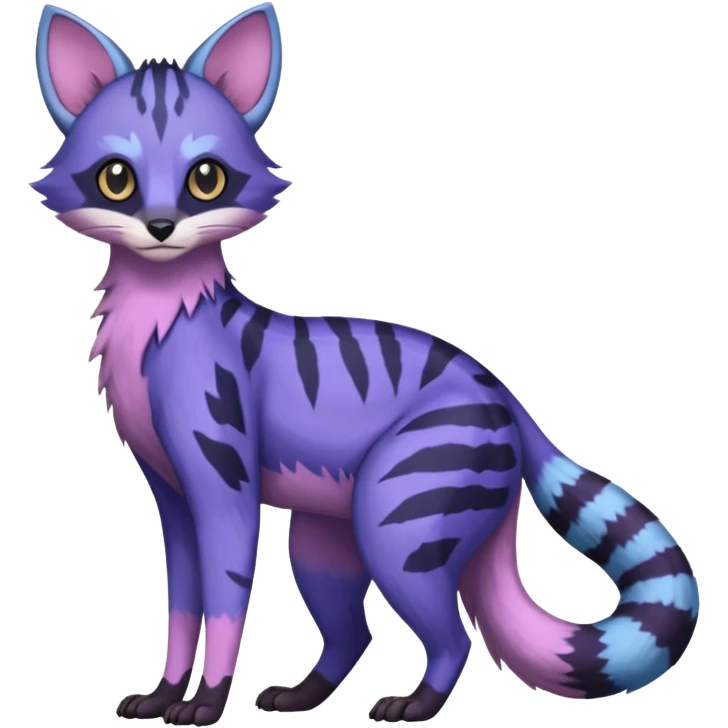 Blue, indigo, purple, violet, pastel pink, Civet-Genet-Possum-Serval-Caracal-Sergal-Trico-Numbat-Furret-fusion-Fakemon-hybrid-creature (full body) emoji