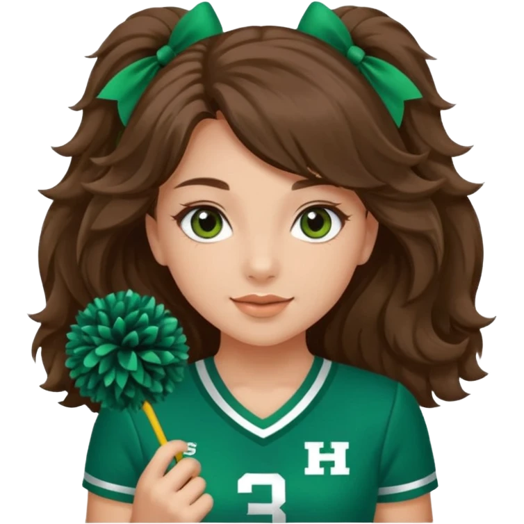 A pretty girl, her eyes is blue, her hair is brown long wavy hair, and wear green Hawkins cheerleader uniform and hold pompom emoji