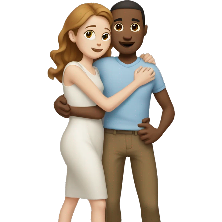  white woman with brown hair gives skinny man with pale brown skin a big hug emoji