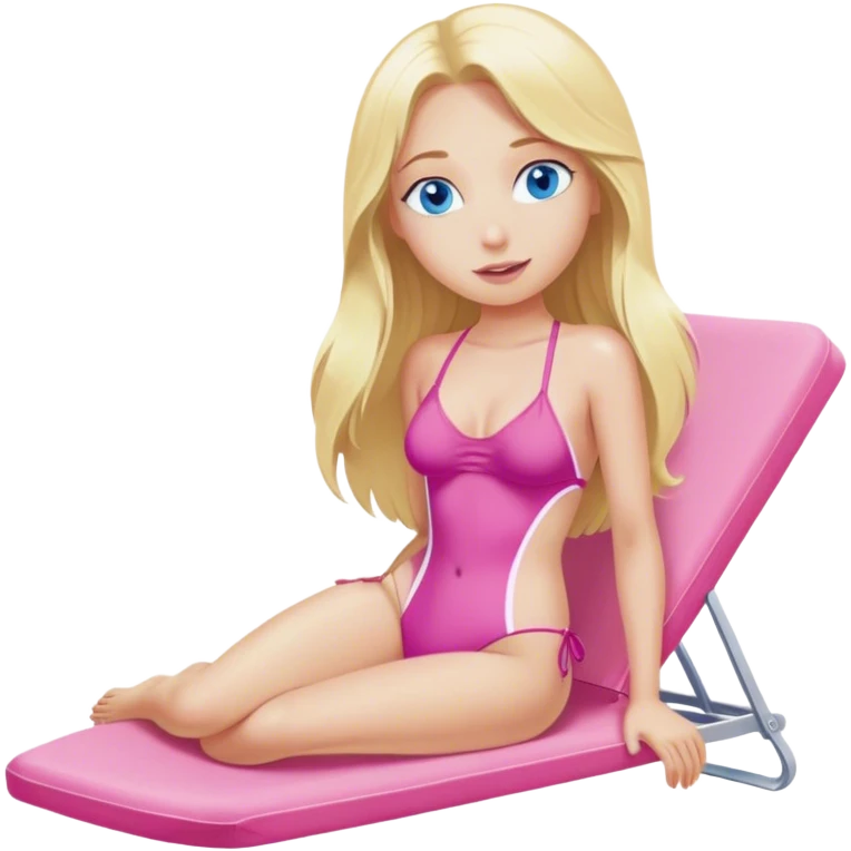  realistic blonde with long hair and blue eyes is lying on a chaise longue in a pink swimsuit, sunbathing in the sun emoji
