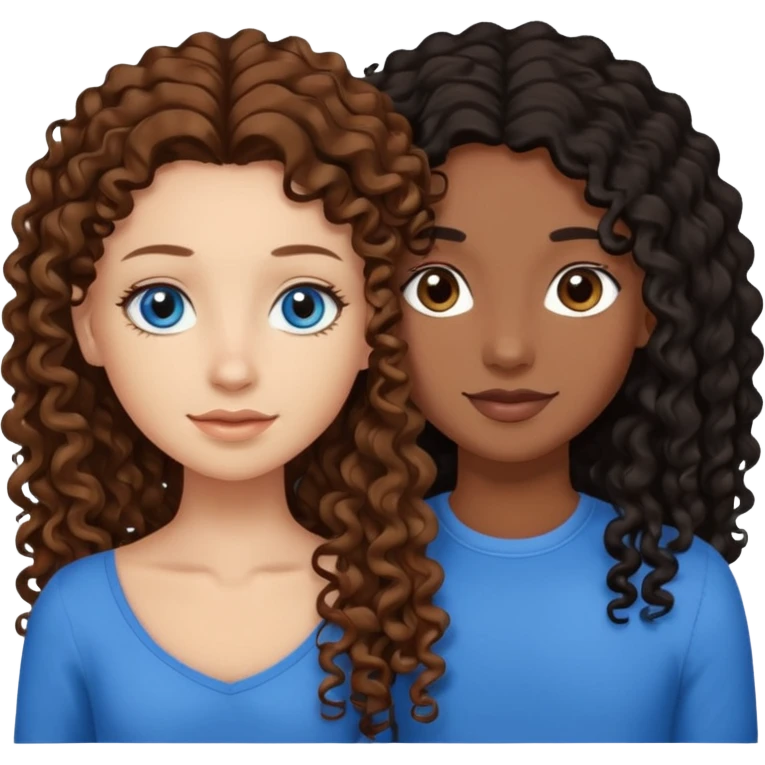 Two best friends .bestie 1: beige skin with brown long hair and blue eye. Bestie 2:mixed race skin with curly black hair and brown eye emoji