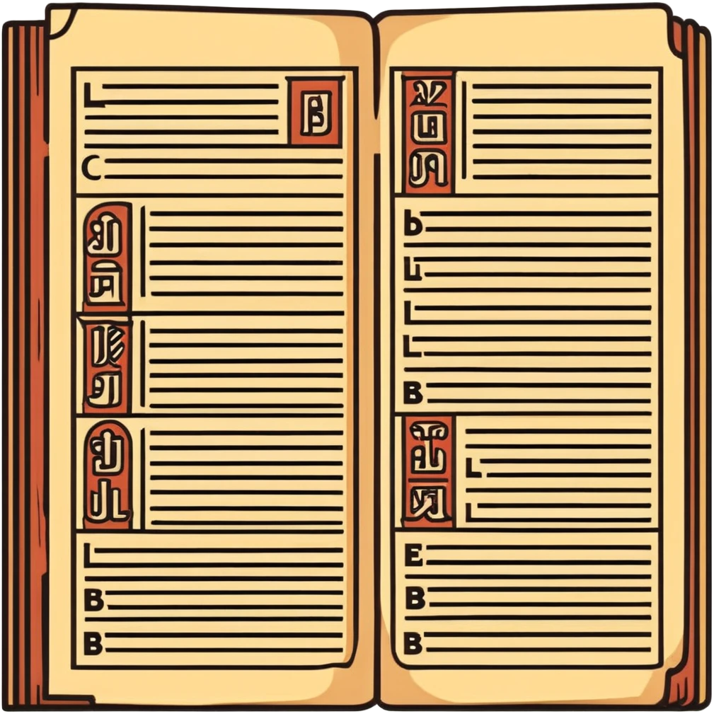 Ancient manuscript with Babel translation dictionary emoji