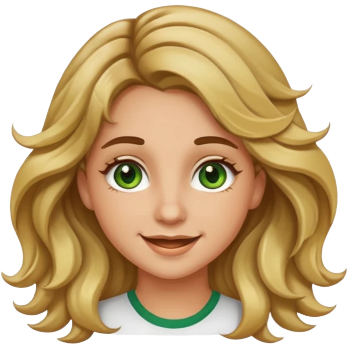 cheerful 20-year-old female with long wavy hair brown roots blonde highlights green eyes brown eyebrows sun-kissed tan iPhone emoji style emoji
