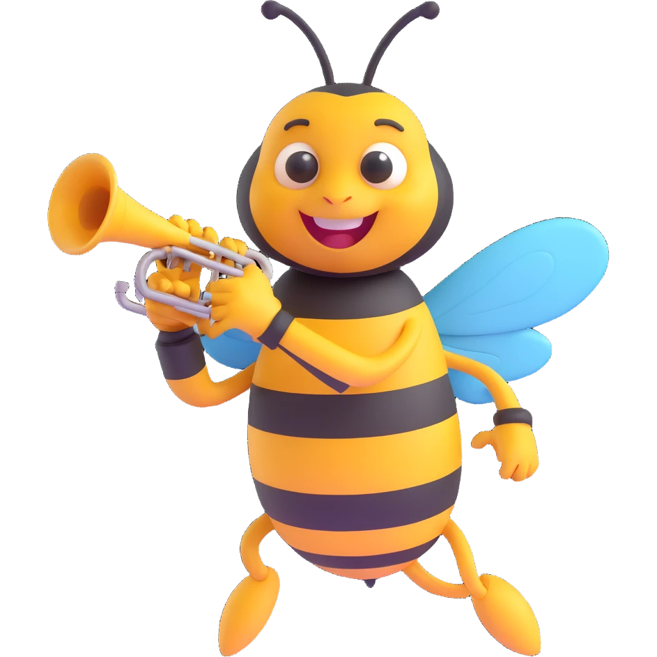 a cartoon bee playing a trumpet, cheerful expression emoji