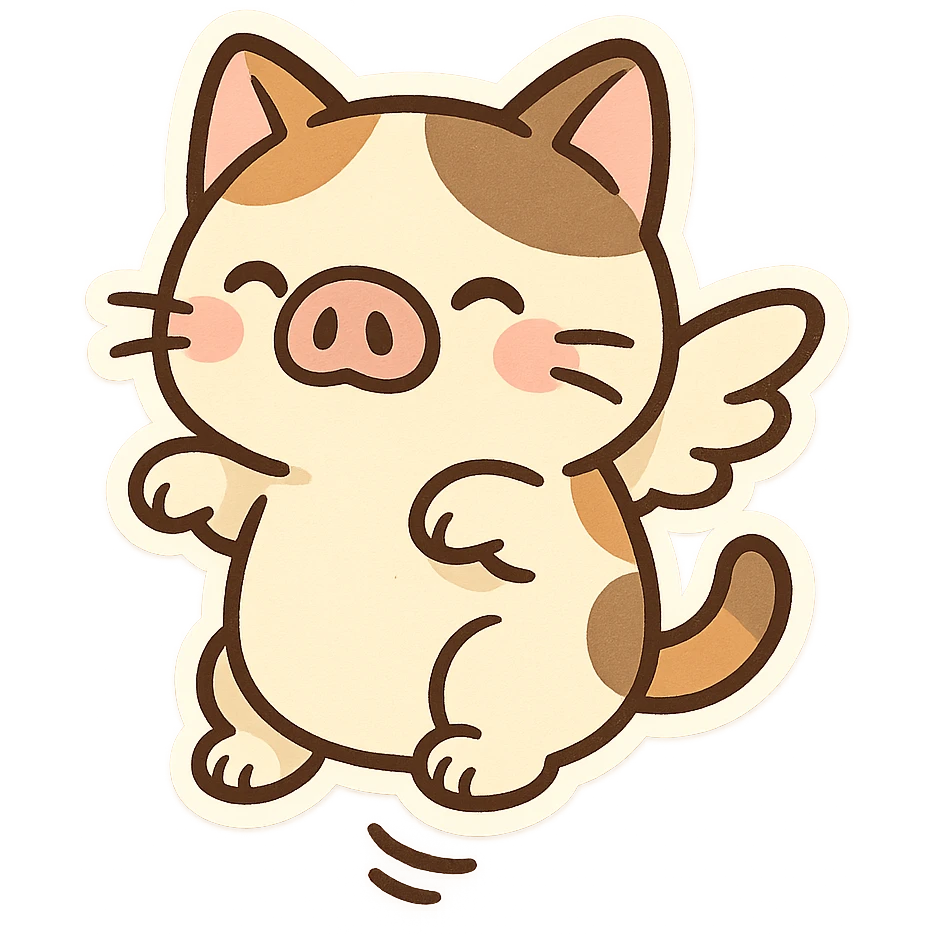 a chubby cat with pig nose and wings, floating in the air, cartoon style, cute and playful emoji