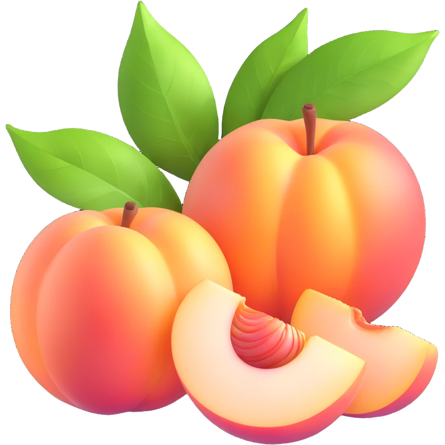 white peach fruit, one whole and one cut open, shiny and smooth, detailed and vibrant, with a green leaf, iOS 3D emoji style emoji