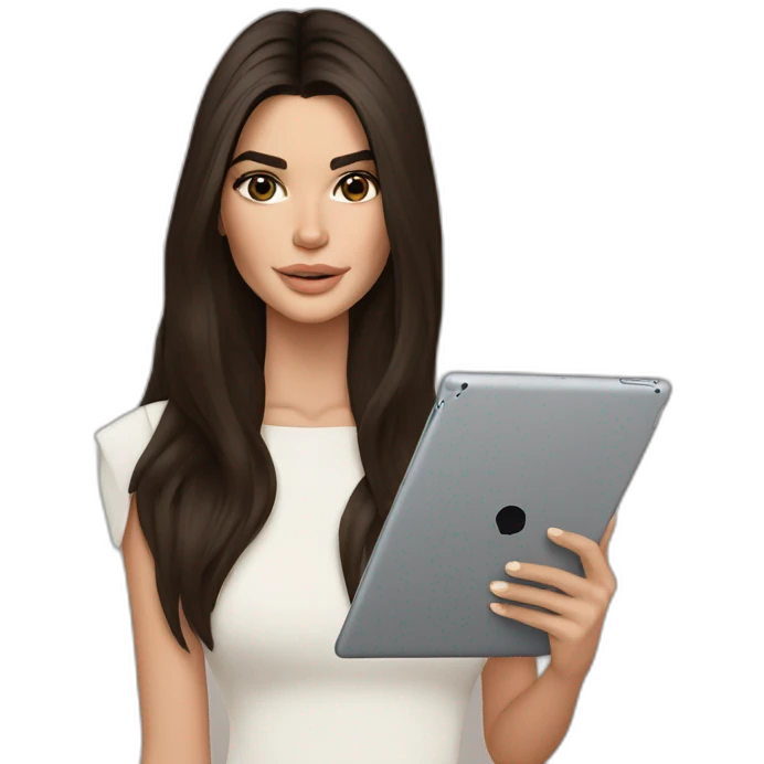 brunette Kendall Jenner with long hair holding iPad emoji