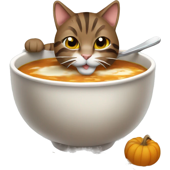 Brown tabby cat eating soup in fall emoji