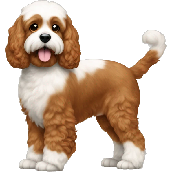 brownish orange cockapoo in colour, with white fur ONLY in her stomach and chin, and feet emoji