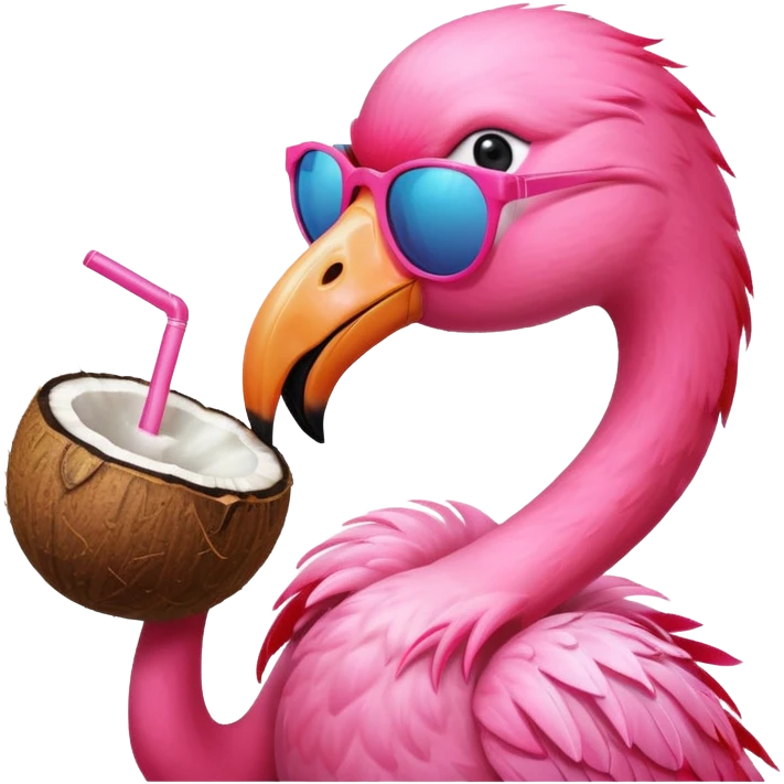 a flamingo with sunglasses and drinking a coconut, very beach summer vibes emoji