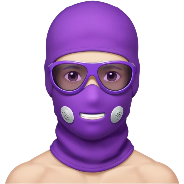 shirtless athletic man with white skin, wearing a purple balaclava face mask and purple sunglasses with black tinted lenses emoji