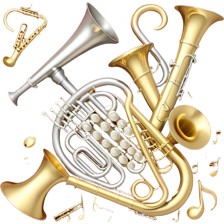 Create a festive and elegant emoji collage featuring a bouquet or fan of bells of wind instrument  (trumpets, saxophones, trombones, tubes, etc.) arranged in a radiant, symmetrical pattern. The instruments should have polished, golden and silver finishes, with their large, shiny bells forming a beautiful, fan-like display. Include a flowing ribbon of musical notes swirling through the center, conveying movement and melody. The background should feature a deep red velvet texture, adding a touch of luxury and sophistication. The overall composition should be balanced, with an elegant and regal feel, with a transparent background to keep focus on the instruments and musical elements. emoji