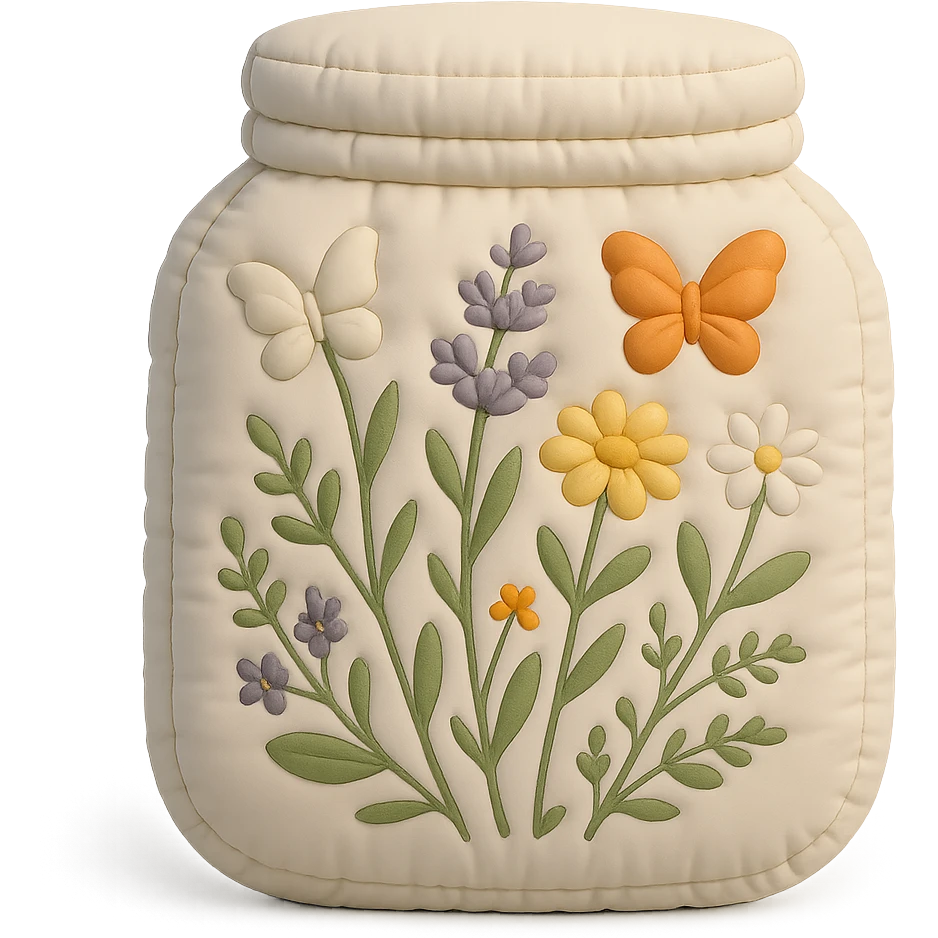 glass jar filled with forest flowers and butterflies, cushion style emoji