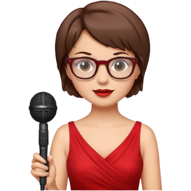 singer, Old, brown short hair, holding mic, red dress, glasses emoji