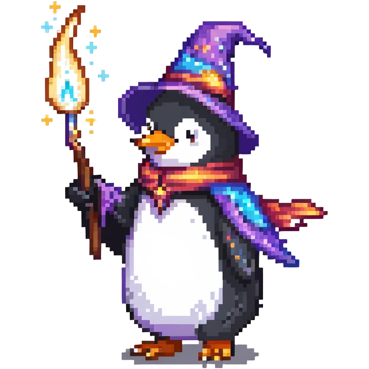 Penguin wizard casting a magic spell, with magical sparkles emoji