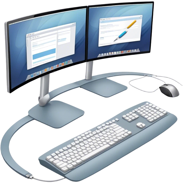 Create an emoji for UX/UI design. Show two large curved monitors displaying UX/UI design interfaces. Include a mouse, keyboard, and stylus next to the screens. Use modern, professional colors. Do not include any emojis or smiley faces. Make the background transparent. emoji