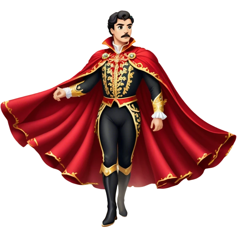 Spanish Matador – Cinematic Realistic Spanish Matador, portrayed in an ornate traje de luces with a flowing red cape, standing poised in a classic bullring with swirling dust and dramatic light, his intense expression and elegant stance capturing both bravery and artistry. emoji