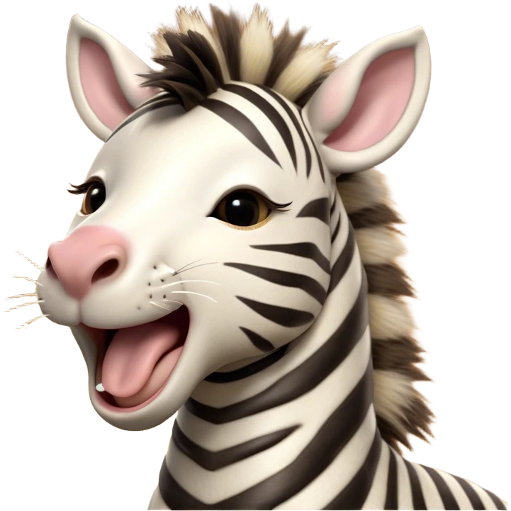 Cinematic Cute Yawning Zebra Portrait Emoji, Head tilted slightly with a dramatic, wide-open yawn, showcasing a soft, downy striped Fur with gently drooping ears and round eyes barely open in drowsy contentment, Simplified yet irresistibly adorable features, highly detailed, glowing with a soft, cozy glow, high shine, relaxed yet expressive, stylized with a touch of savannah charm, bright and endearing, soft glowing outline, capturing the essence of a sleepy yet affectionate zebra, so drowsy it feels like it could stretch out of the screen and curl up for a nap! emoji