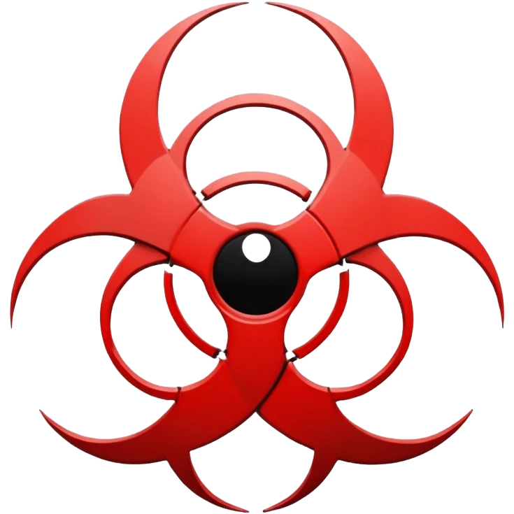 Minimalist emoji-style sticker of a fractured biohazard symbol with a small eye in the center. Stylized, geometric, no text.
 emoji