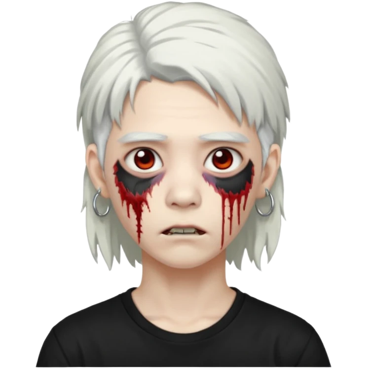 ok make a zombie avatar that has pale skin more like zombie not human, young, asian, mullet hair, white hair with hoop earrings wearing just a black T shirt white blood from the eyes, p emoji