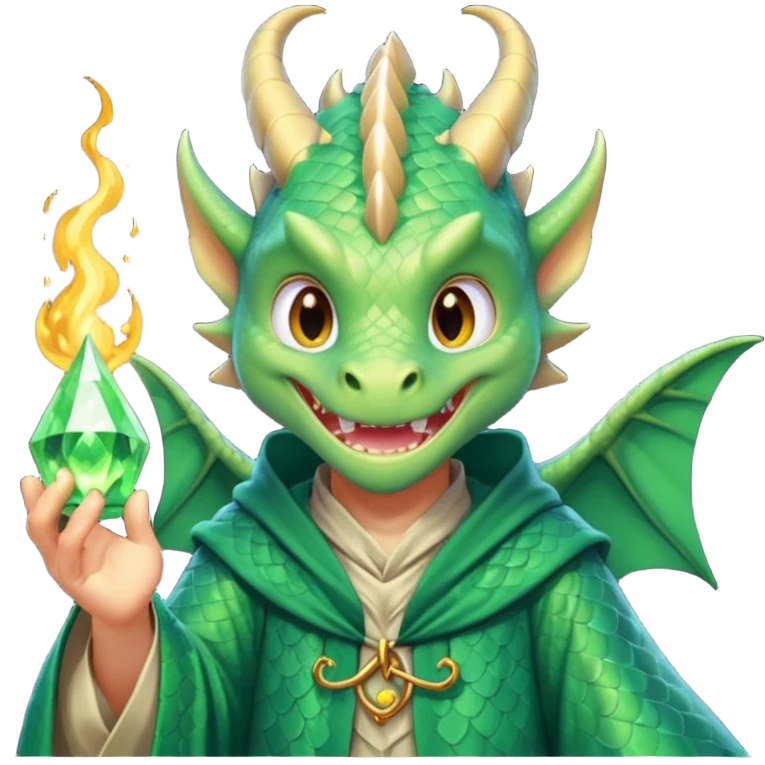 A dragon wearing wizard robes, casting a spell with a curious grin, portrait, bust up emoji