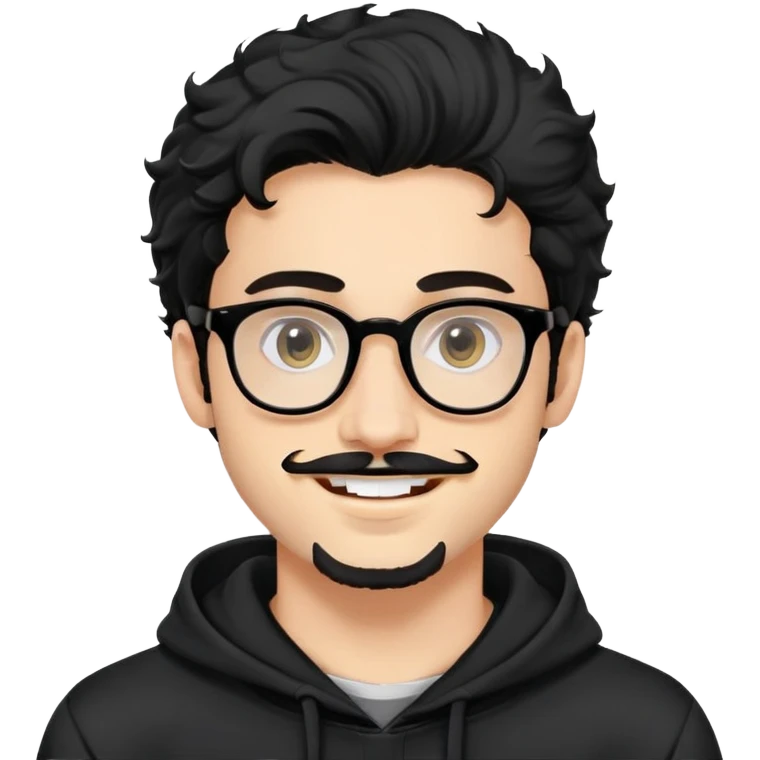 portrait man, Jewish young man 25 years old, long voluminous slightly curly black hair, glasses, wide open eyes, bushy eyebrows, sideburns, mustache and goatee. white teeth, smiles, looks at camera. wears black hoodie.  emoji